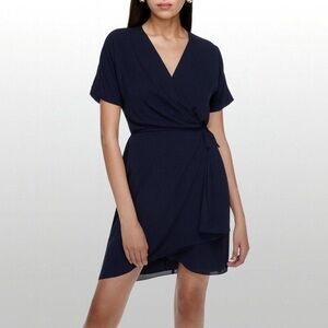 Babaton Wallace Navy Wrap Short-Sleeve Mini Dress